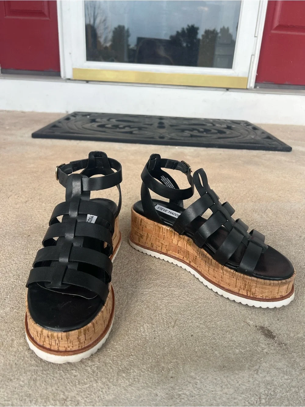 Steve Madden Black Leather Gladiator Cork Platform Sandals